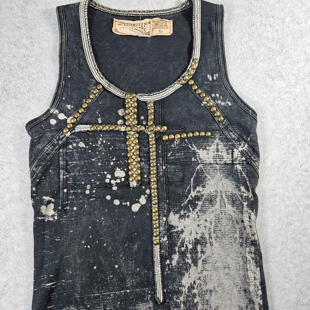 Salvage Womens VTG Y2k Affliction Style Grunge Thrashed Scoop Neck Tank Top Sz L - Picture 2 of 8